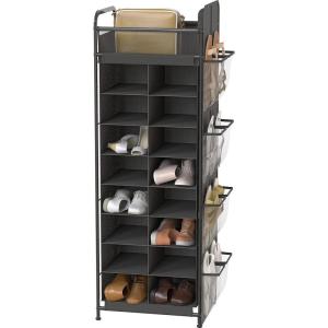 imageSimple Houseware 16 Cube Shoe Stand Tower Rack 8 Tier with Top Shelf and Side Hanging Pockets GrayDark Gray