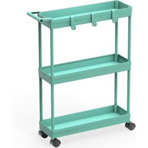 imageSimple Houseware 3Tier SlimNarrow Storage Cart with Handle 55 Wide x 265 Height Rolling Organizer for Kitchen Bathroom Laundry Room  BlackTurquoise
