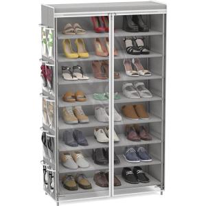imageSimple Houseware 8 Tiers Shoe Rack with Zipper Cover  Side Hanging Pockets BrownGrey