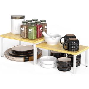 imageSimple Houseware Wooden Top Expandable Stackable Kitchen Cabinet and Counter Shelf Organizer Rustic BrownOak