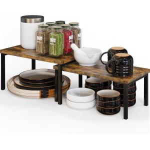 imageSimple Houseware Wooden Top Expandable Stackable Kitchen Cabinet and Counter Shelf Organizer Rustic BrownRustic Brown