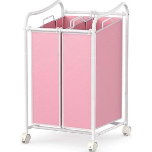 imageSimple Houseware 2Bag Heavy Duty Rolling Laundry Sorter Cart Chrome  2 Section Removable Bags and Lockable Wheels for Laundry Room OrganizationPink