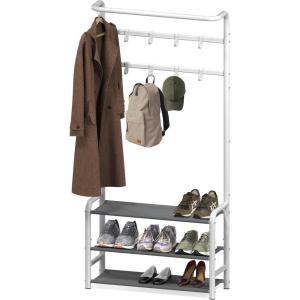 imageSimple Houseware Coat Rack with Storage Shelf Freestanding Hall Tree with Hooks for Entryway Bedroom Office Black Metal Clothes Hanger Stand for Coats Hats Jackets Bags  BlackWhite